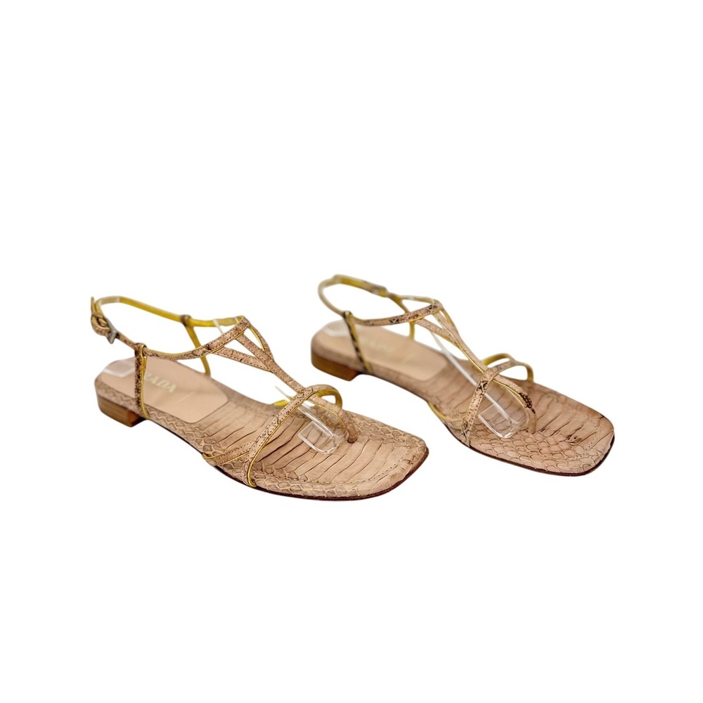 Prada Python Snakeskin Strappy Sandals Blush Pink Gold Trim Y2K IT 37.5 US 7.5